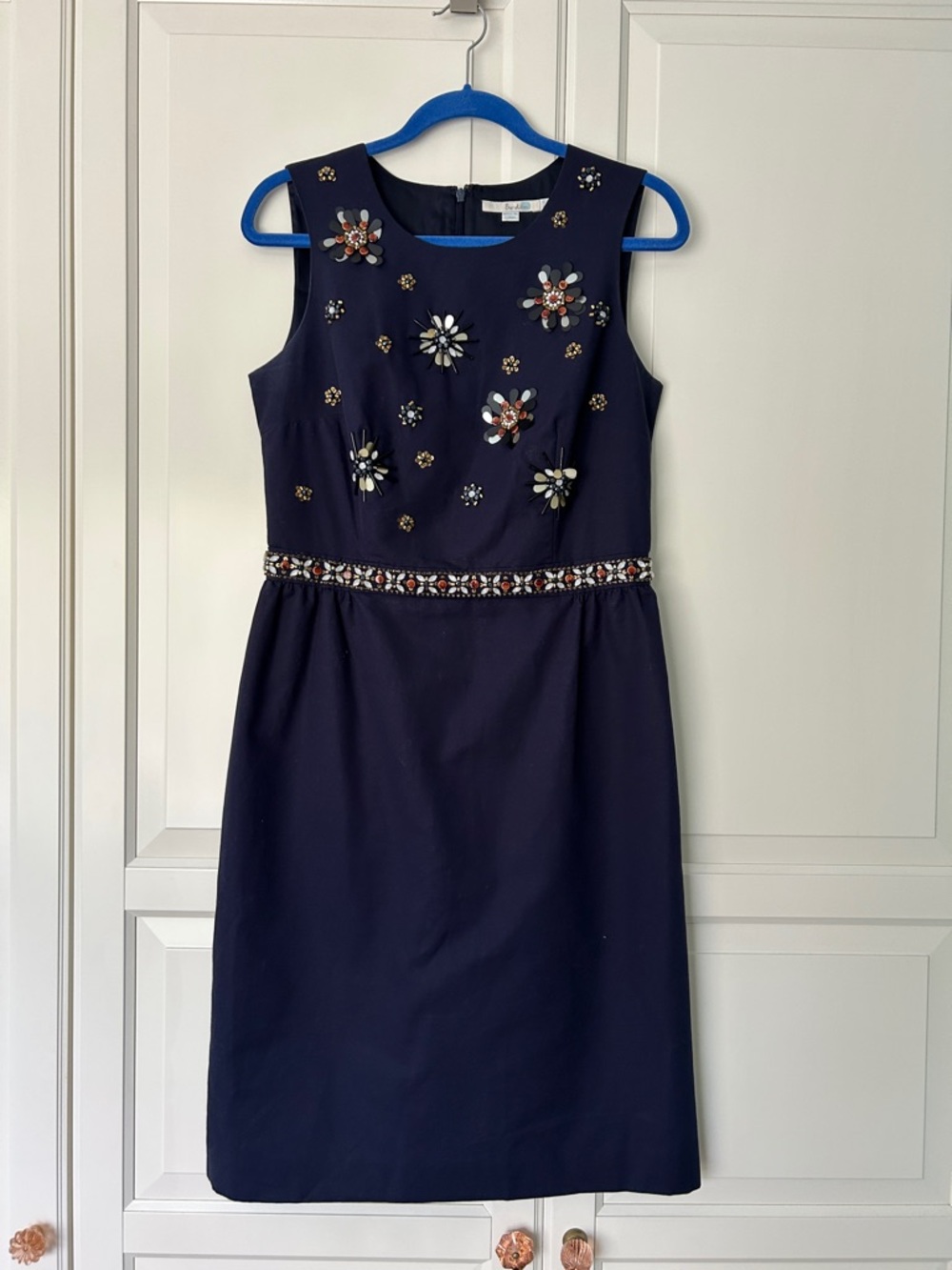 Boden Navy Sleeveless Midi Dress with Beaded Floral Accents